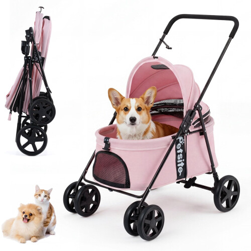 Pet Stroller for Small Dogs, Foldable with Canopy - Pink 1