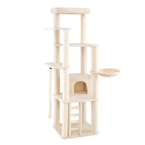 Tall Modern Cat Tree with Condo, Perch & Sisal Posts - Beige 1
