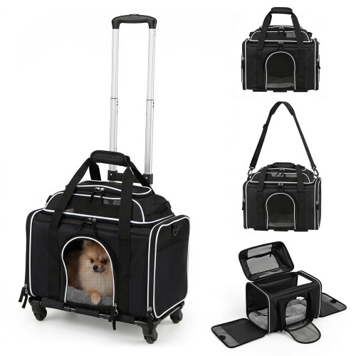 Foldable Airline-Approved Pet Carrier with Wheels, Black 2