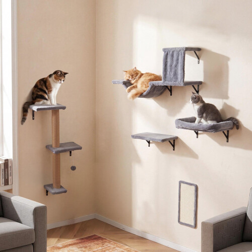 5-in-1 Cat Climbing Wall with Tree, House & Bridge - Grey 1