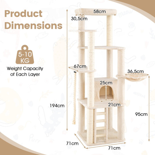 Tall Modern Cat Tree with Condo, Perch & Sisal Posts - Beige 2