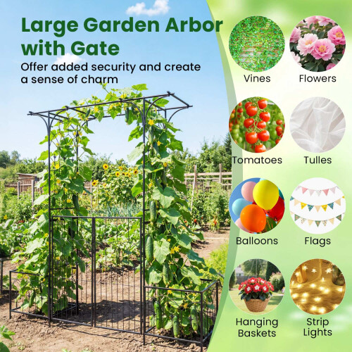 Garden Arbor with Gate, Planter Boxes & Trellis - Black Metal 1