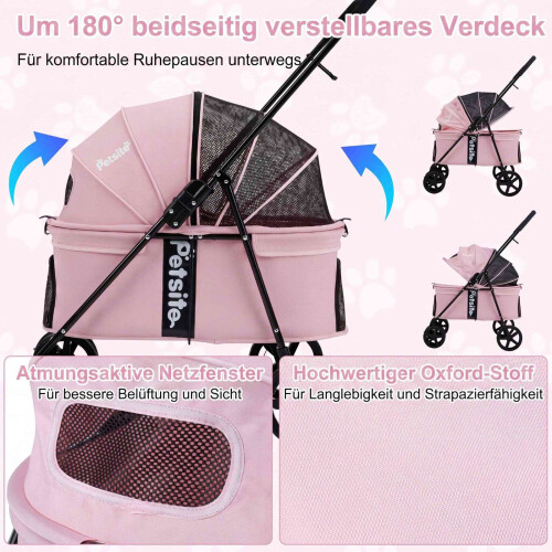 Pet Stroller for Small Dogs, Foldable with Canopy - Pink 2