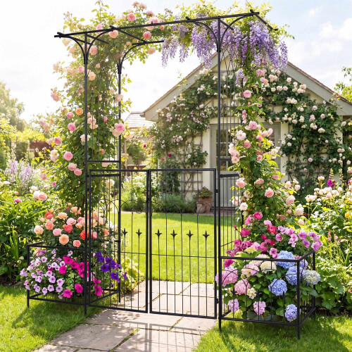 Garden Arbor with Gate, Planter Boxes & Trellis - Black Metal 2