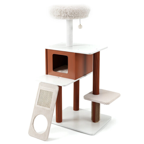 Brown Cat Tree Tower with Scratching Post & Groomer Brush 1