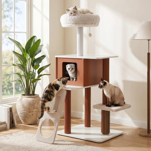Brown Cat Tree Tower with Scratching Post & Groomer Brush 2