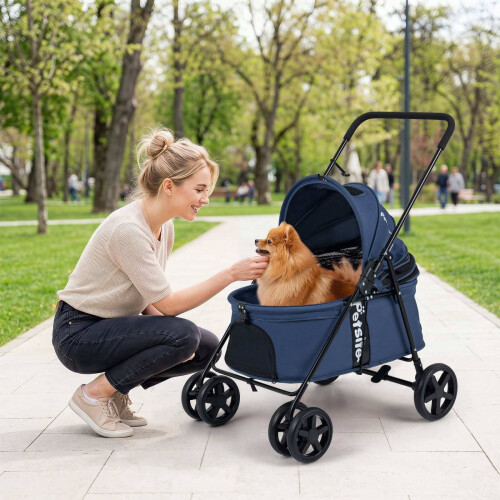 Pet Stroller for Small Dogs, Foldable with Canopy, Navy 1