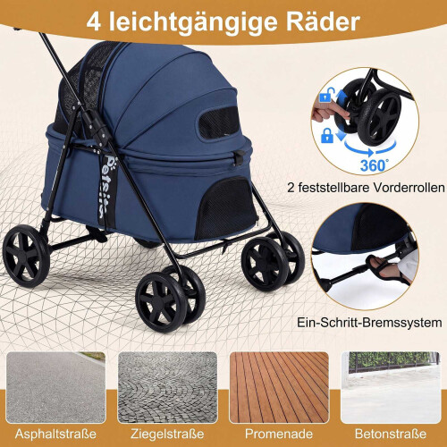 Pet Stroller for Small Dogs, Foldable with Canopy, Navy 2