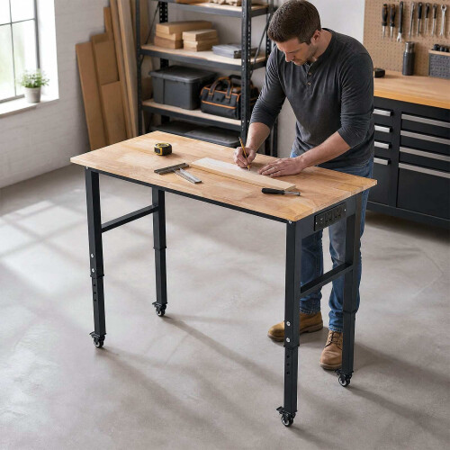 Height-Adjustable Mobile Workbench with Rubberwood Top 1