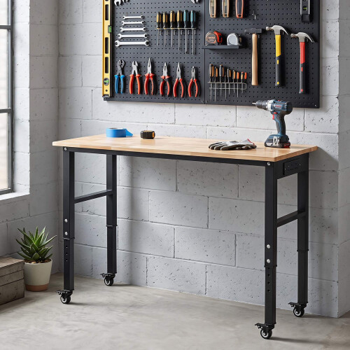 Height-Adjustable Mobile Workbench with Rubberwood Top 2