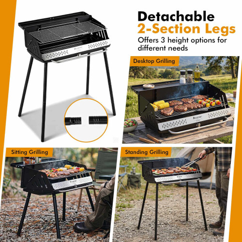 Portable Charcoal Grill, Detachable Legs, Adjustable Grate 2
