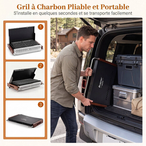 Folding Charcoal Grill, Adjustable Heights, 4-Sided Ventilation 2