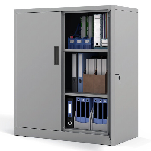 Lockable Metal Filing Cabinet, Grey, 2 Adjustable Shelves 2