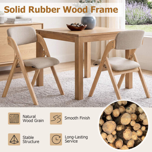 Folding Dining Chairs Set of 2, Rubber Wood, Beige Cushions 1