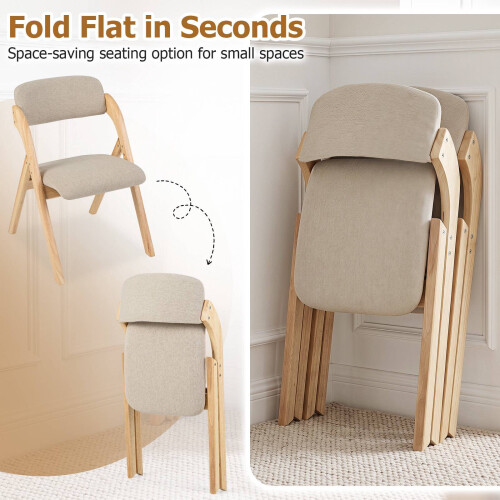 Folding Dining Chairs Set of 2, Rubber Wood, Beige Cushions 2