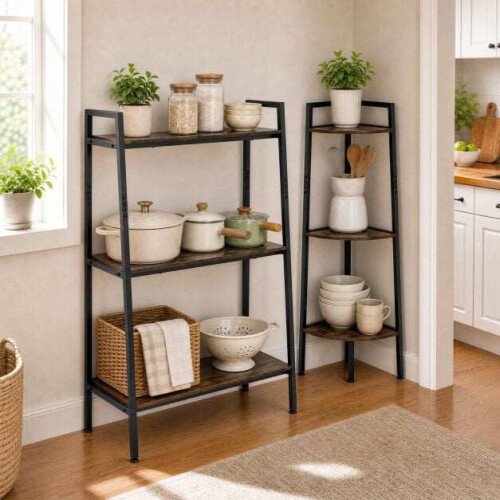 3-Tier Ladder & Corner Shelf Set, Metal Frame, Rustic Brown 2