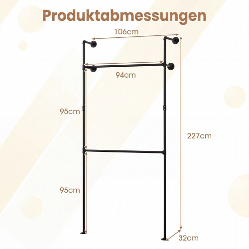 Wall Mounted Black Pipe Clothing Rack with 2 Rods 2