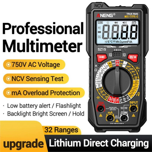 ANENG SZ15 Digital Multimeter Rechargeable 2000 Counts /AC Voltage Current Resistance Capacitance NCV HFE Tester 2