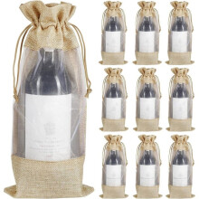 10 St. Presentpåsar för Vin, Vinpåse med Säckväv och Dragsko, Transparent Fönster (Lämplig för Vin- och Champagneflaskor)
