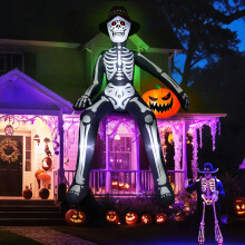 10Ft Halloween Inflatable Outdoor Decoration, Giant Sitting Skeleton Inflatable Halloween Decorations, Halloween Blow
