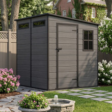 5.97 x 5.94FT Pent Roof Plastic Garden Storage Shed w/ Window & Top Daylight Panels, Dark Grey Wood Grain