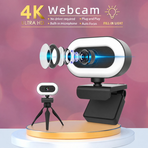 4K Ultra HD Webcam for Computer Streaming with Microphone and Tripod, 3-Level Fill Light, Driver-Free Plug and Play