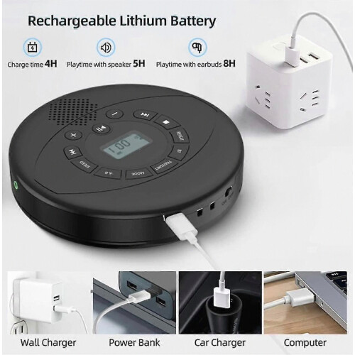Lecteur CD portable Bluetooth, haut-parleur intégré, rechargeable, interface USB AUX 1