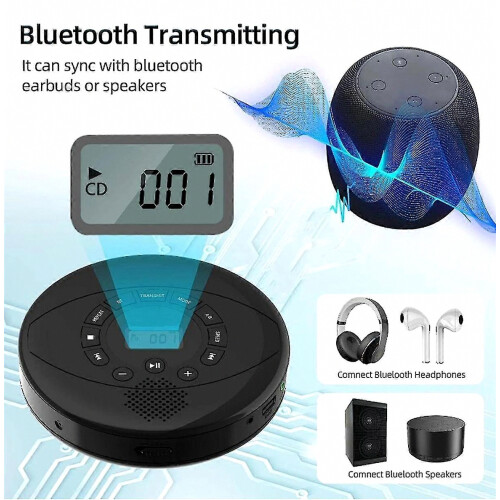 Lecteur CD portable Bluetooth, haut-parleur intégré, rechargeable, interface USB AUX 2