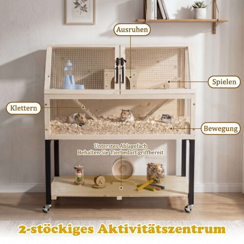 Jaula de madera de dos niveles para hámster con ventanas de acrílico.