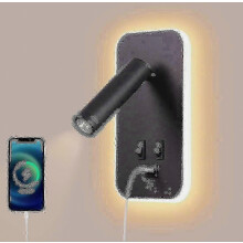 Nástenná LED lampa, nočné svetlo s vypínačom, USB nabíjací port, nastaviteľné bodové svetlo do spálne (3 W 3000 K + 9 W 6000 K) čierna