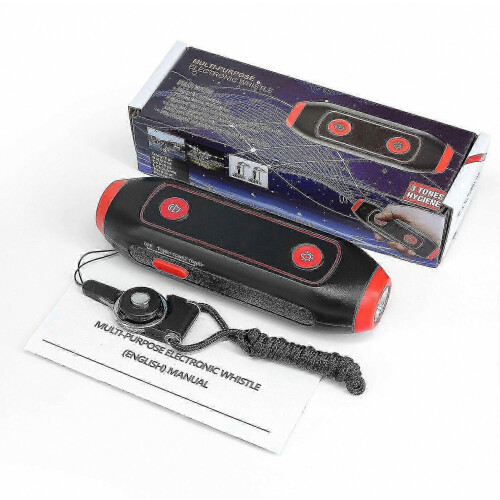 Multi-Use Electronic Whistle with SOS Light, Flashlight, and Lanyard - Red w 2