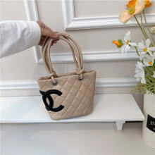 (Khaki) Sweet rhombus mini vegetable basket bag, contrasting color decoration, lightweight portable shoulder bag