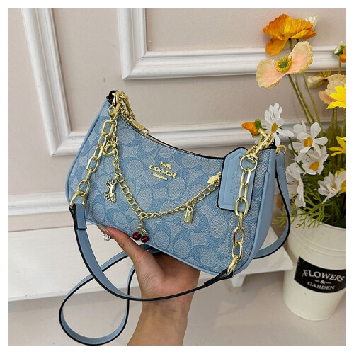 (Blue) Presbyopic print meniscus armpit bag Decorative chain bag