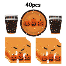 Vajilla para fiesta de calabaza de Halloween, juego de platos de papel desechables con cara de Jack-O'-Lantern, incluye