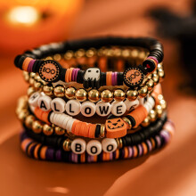 (14pcs) Ensemble de bracelets perlés en argile polymère d’Halloween, perles décoratives Pumpkin BOO, bracelet extensible perlé