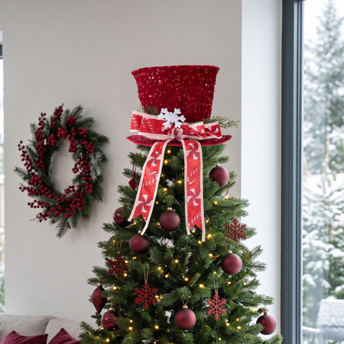 Living And Home Sequin Christmas Tree Topper Hat with Bow & Snowflake 1