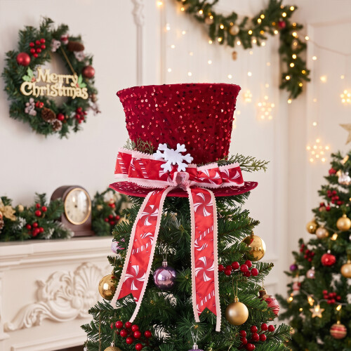 Living And Home Sequin Christmas Tree Topper Hat with Bow & Snowflake