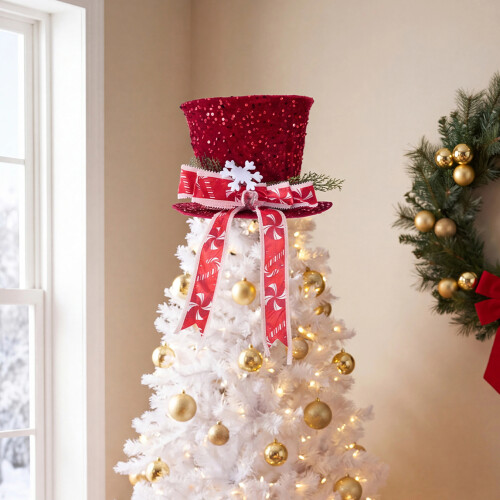 Living And Home Sequin Christmas Tree Topper Hat with Bow & Snowflake 2