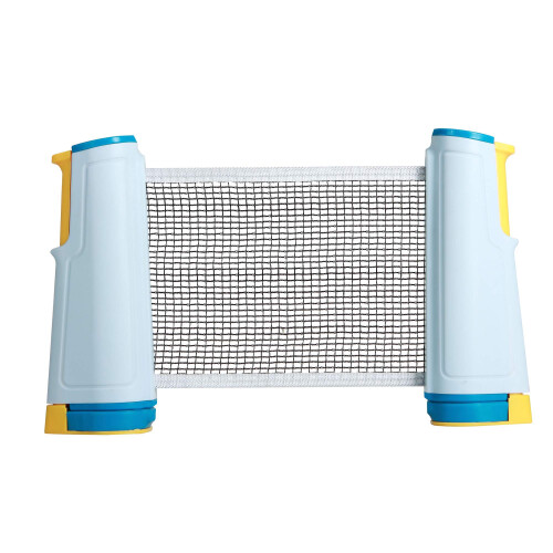 Conjunto portátil de tênis de mesa com rede ajustável e raquetes.