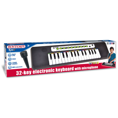 Teclado eletrônico de 32 teclas com microfone, sons e ritmos.