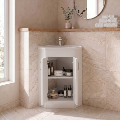 Bathroom Floor Standing Corner Vanity Unit White Gloss Double Door Flat Pack 1
