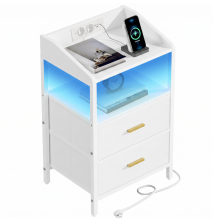 Bedside Tables Set of 2, Charging Station and LED, White