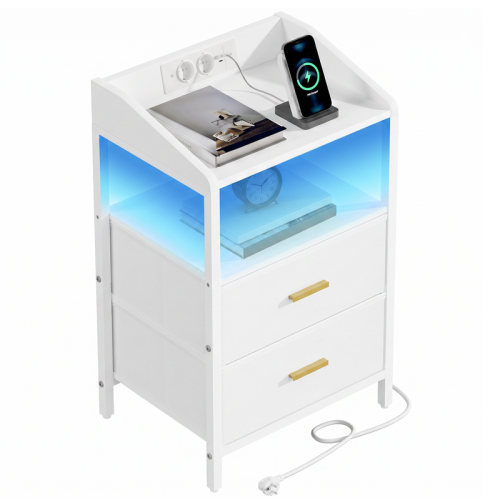 Bedside Tables Set of 2, Charging Station and LED, White