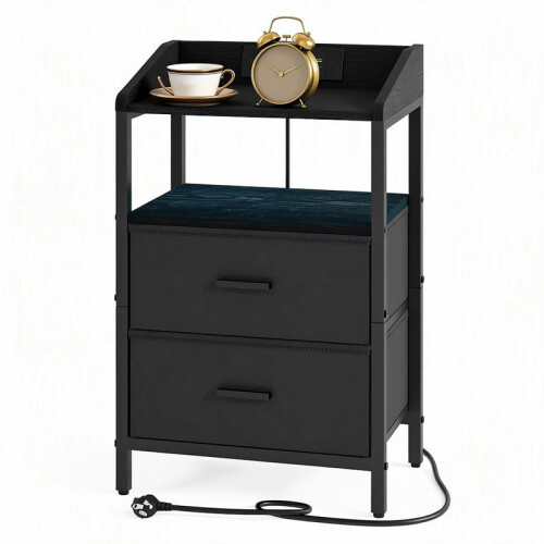 Bedside Table, Charging Station and LED, Black