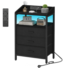 Bedside Table, Charging Station & LED Light, Black