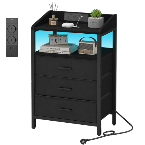 Bedside Table, Charging Station & LED Light, Black