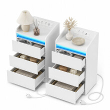 Bedside Tables Set of 2 with 3 Drawers, Charging Station and LED