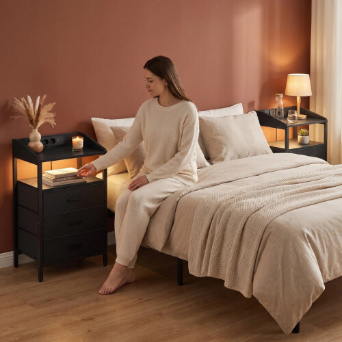 Bedside Tables Set of 2, Charging Station & LED Light, Black