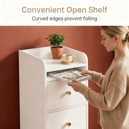 Slim Bedside Table, Narrow Side End Tables with 3 Drawers, White 2