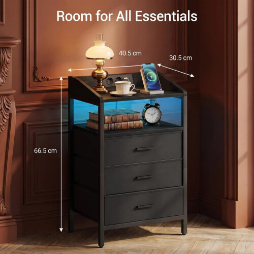 Bedside Table, Charging Station & LED Light, Black 1